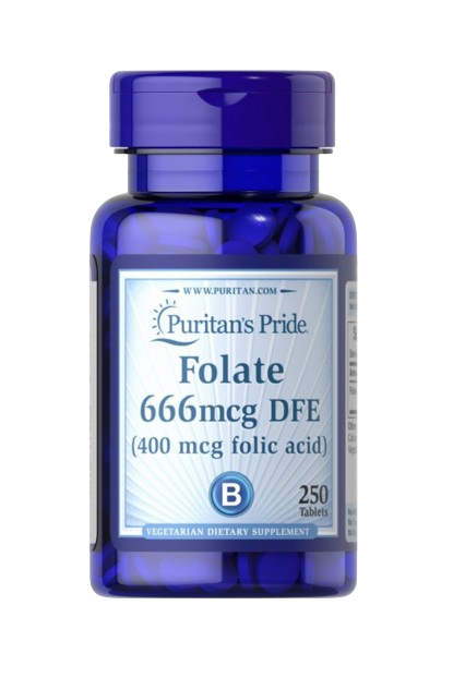 Puritan's Pride Folate 666mcg DFE- Folic Acid 400 mcg 250Tablets