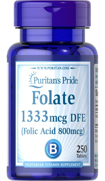 Puritan's Pride Folate 1333mcg DFE-Folic Acid 800mcg 250Tablets